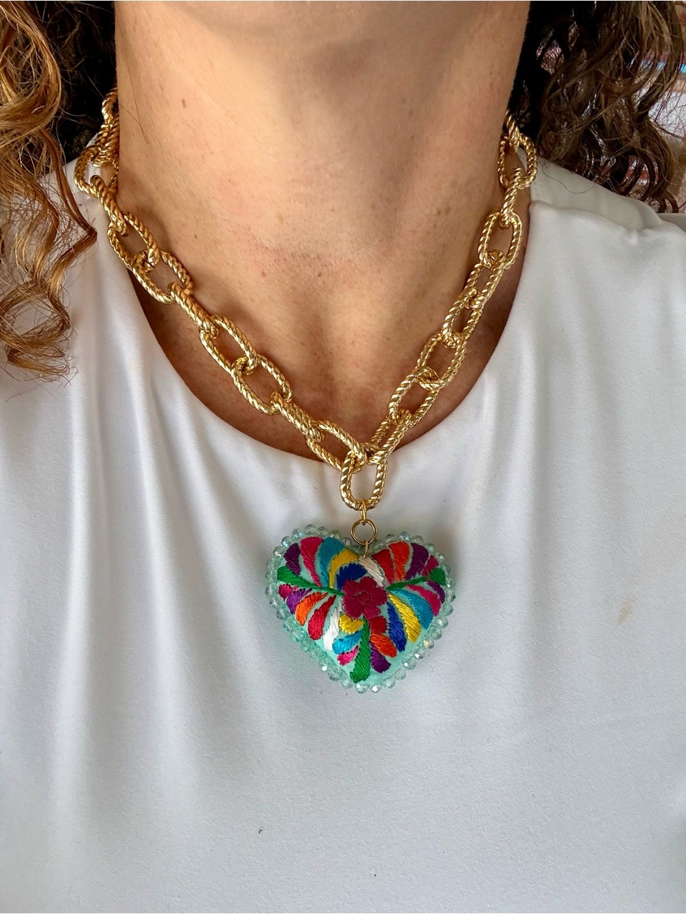 Gold tone Chain Necklace with Multicolor hand Embroidered Heart Pendant